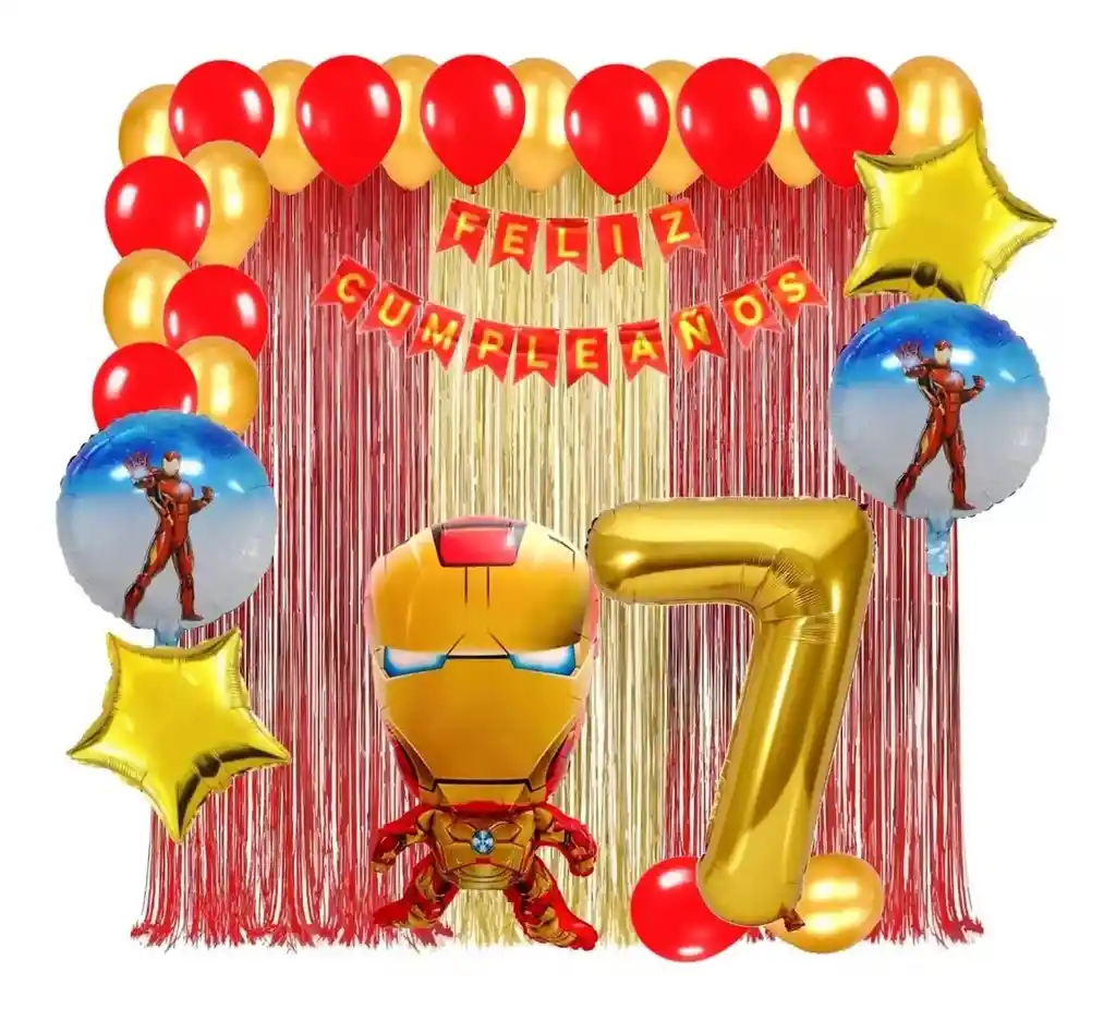 Kit Globos Decoracion Iron Man Cortina Dorado Rojo Numero # 7