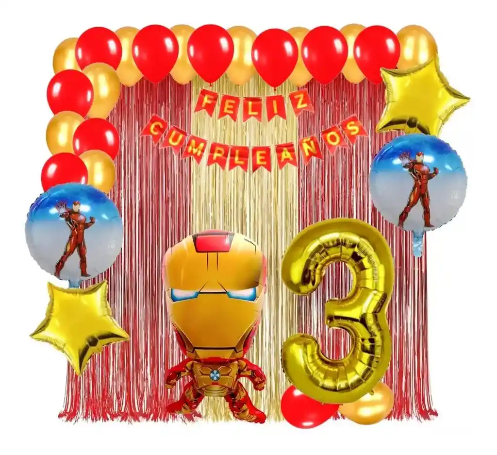 Kit Globos Decoracion Iron Man Cortina Dorado Rojo Numero # 3