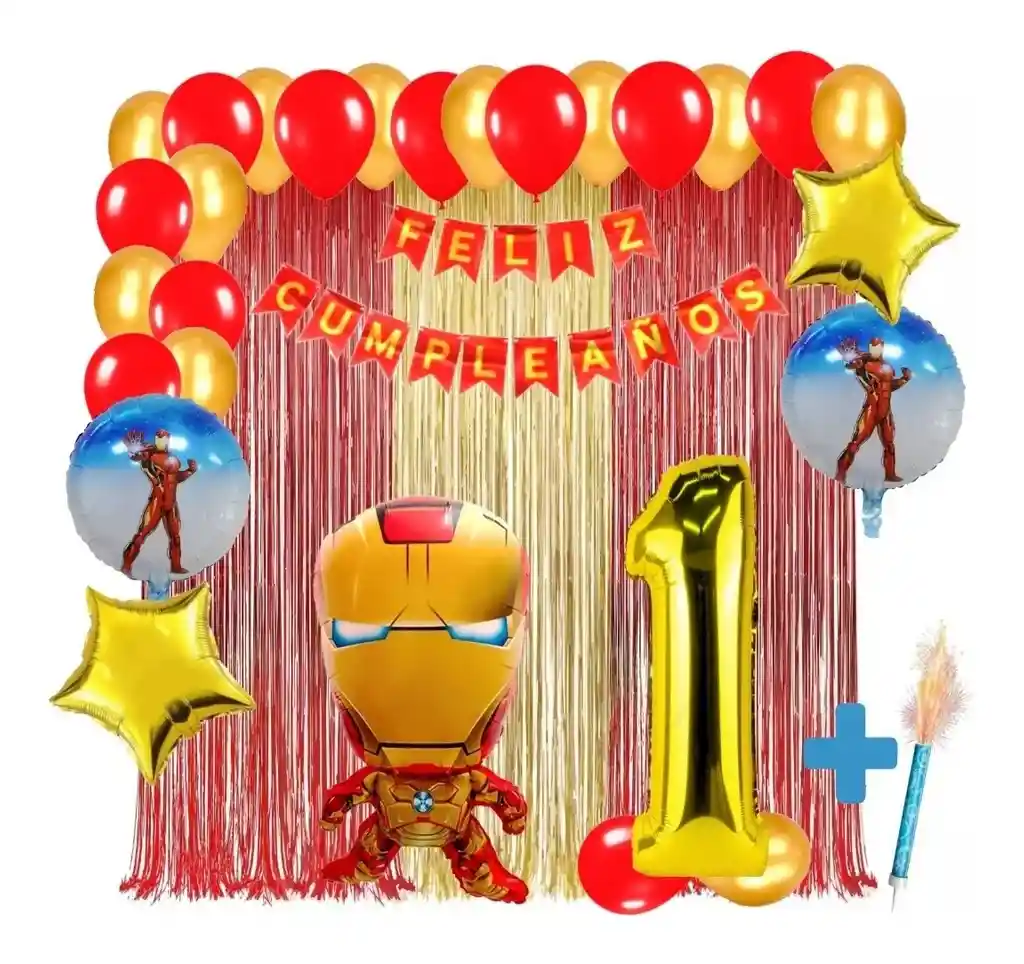 Kit Globos Decoracion Iron Man Cortina Dorado Rojo Numero # 1