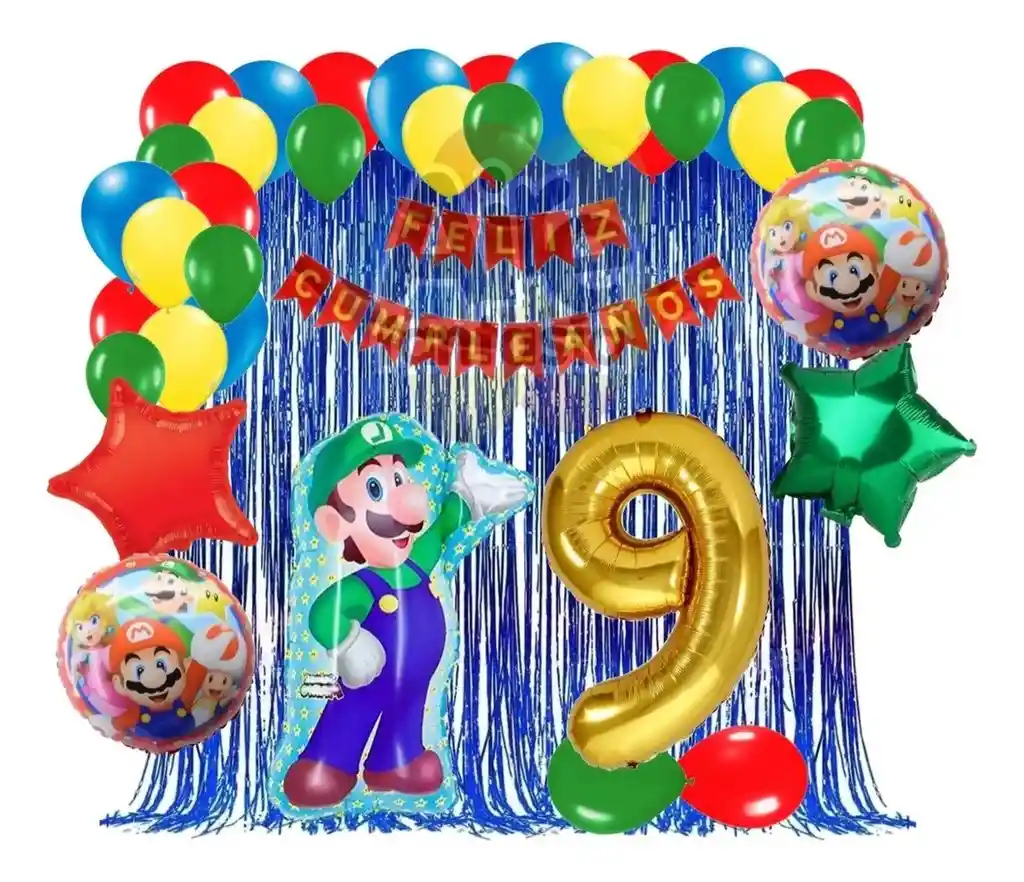 Kit Decoracion Globos Juego Mario Luigi Azul Cortina Numero # 9