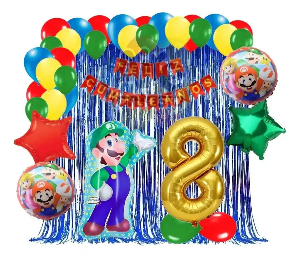 Kit Decoracion Globos Juego Mario Luigi Azul Cortina Numero # 8