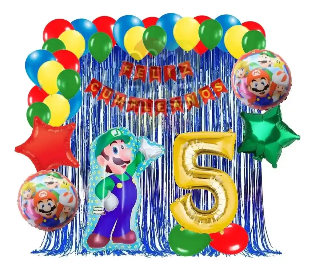 Kit Decoracion Globos Juego Mario Luigi Azul Cortina Numero # 5