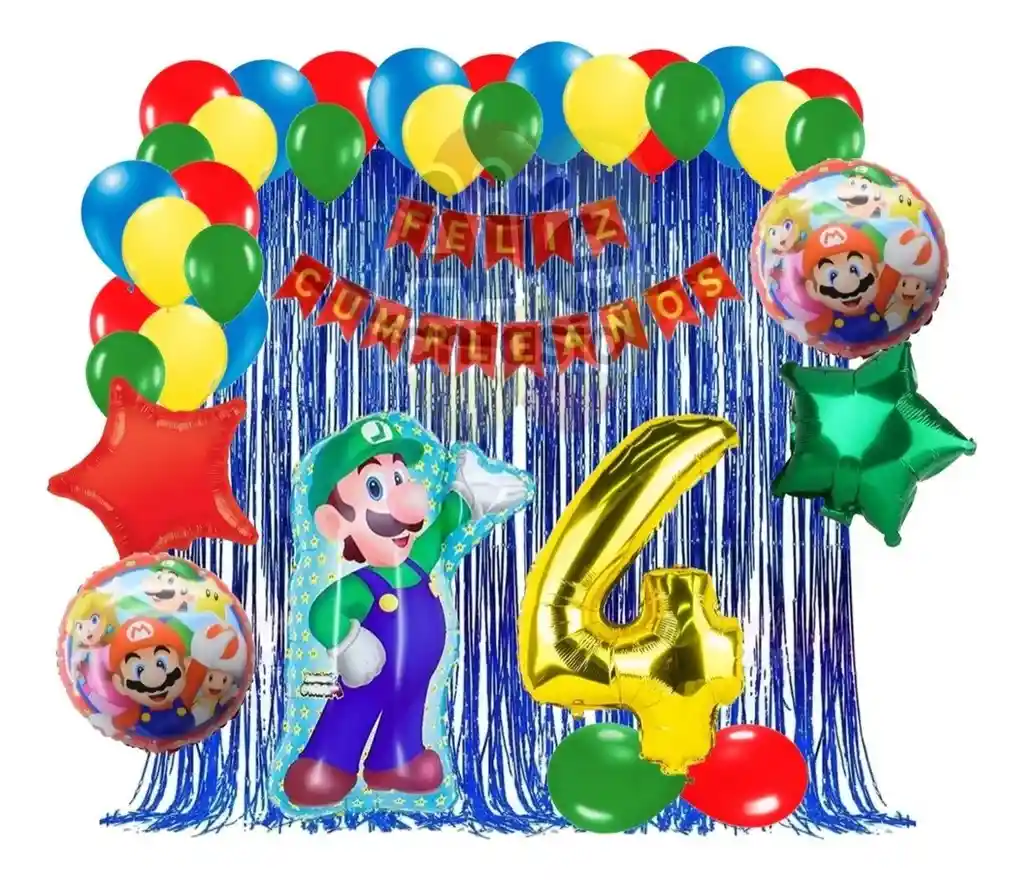 Kit Decoracion Globos Juego Mario Luigi Azul Cortina Numero # 4