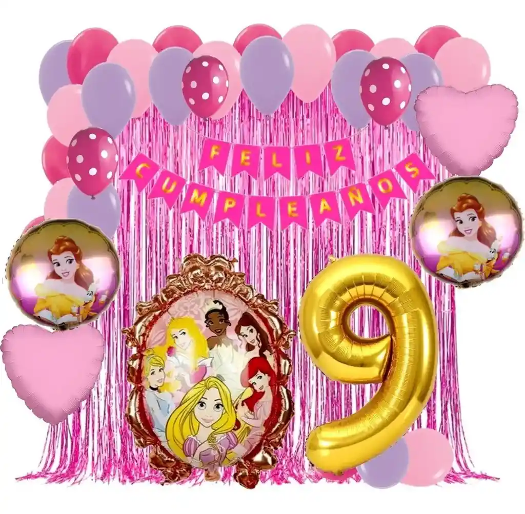 Kit Globos Princesas Decoracion Rosado Cortina Numero # 9