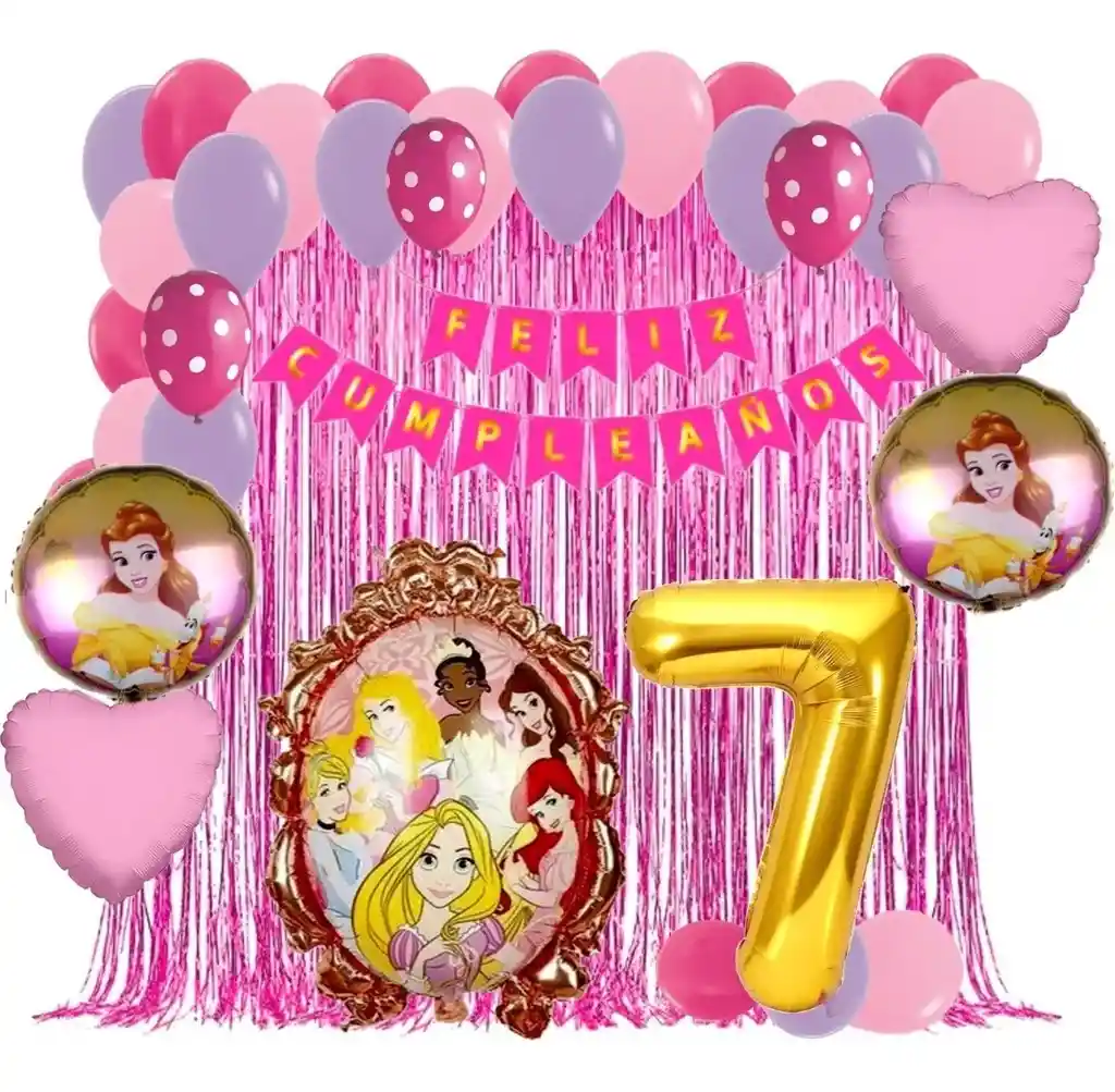 Kit Globos Princesas Decoracion Rosado Cortina Numero # 7