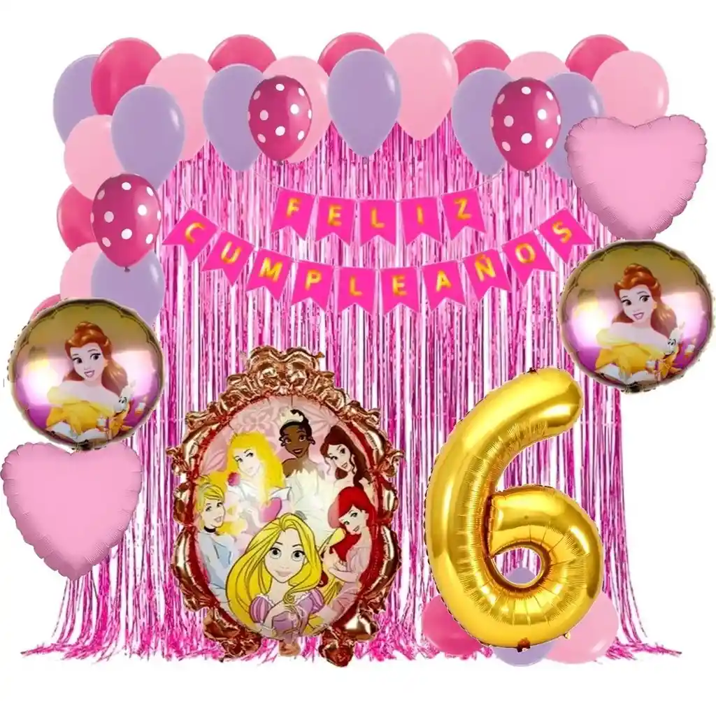 Kit Globos Princesas Decoracion Rosado Cortina Numero # 6