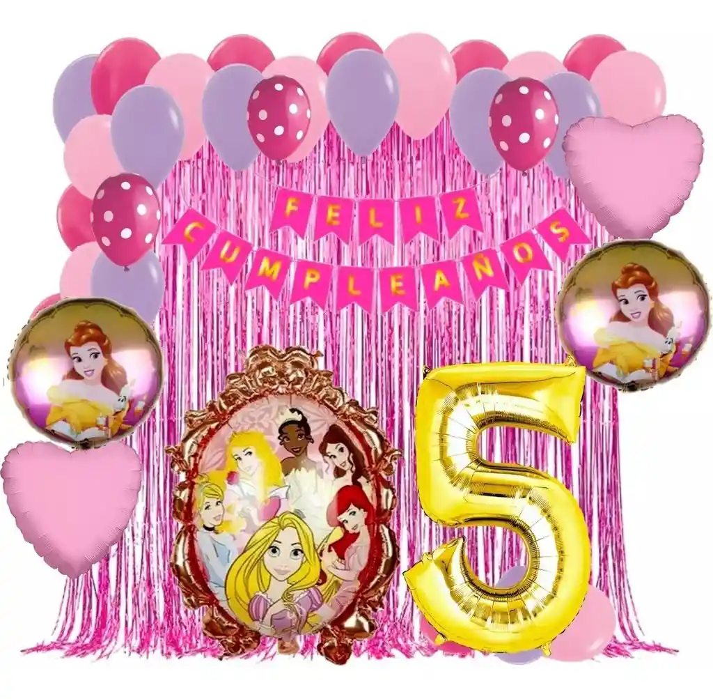 Kit Globos Princesas Decoracion Rosado Cortina Numero # 5