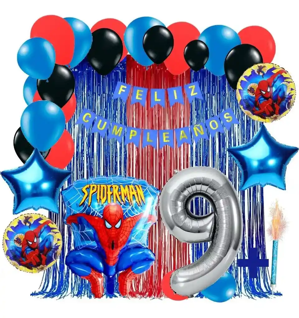 Kit Decoración Spiderman Rojo Azul Cortina Feliz Cumpleaños # 9