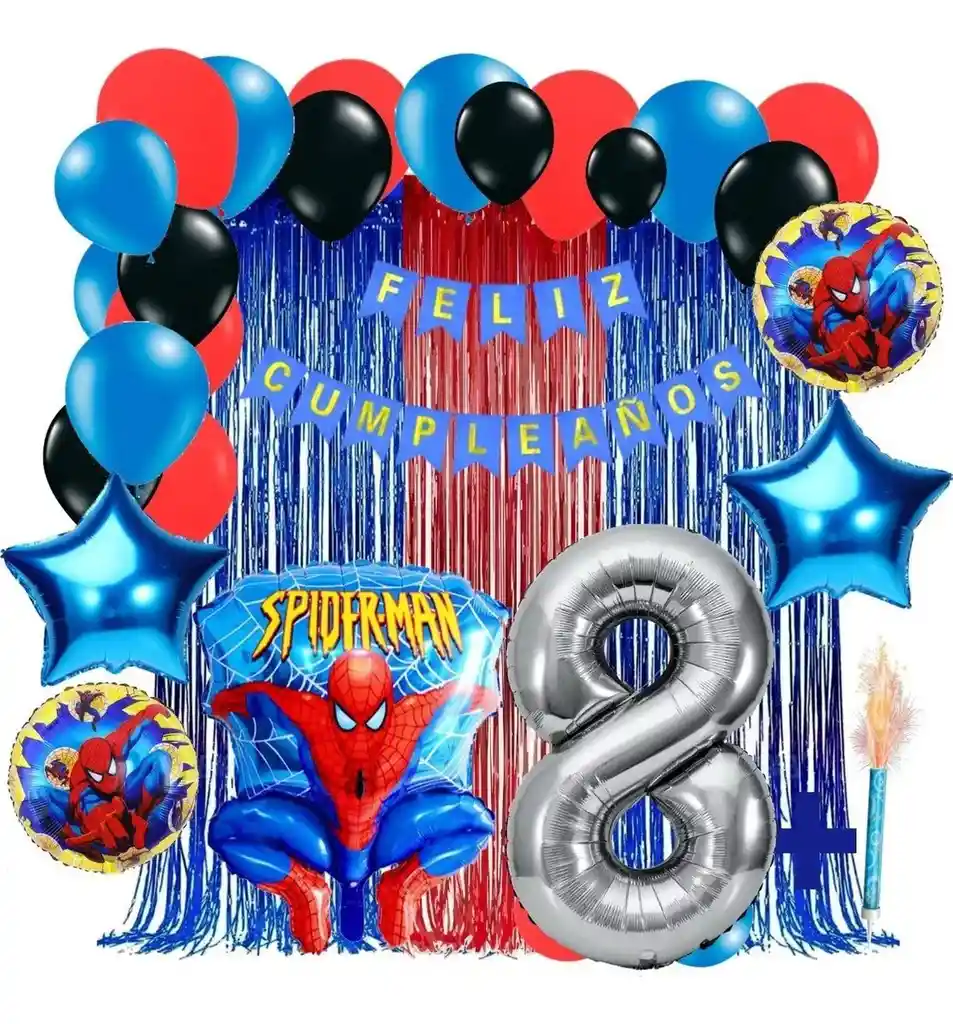 Kit Decoración Spiderman Rojo Azul Cortina Feliz Cumpleaños # 8