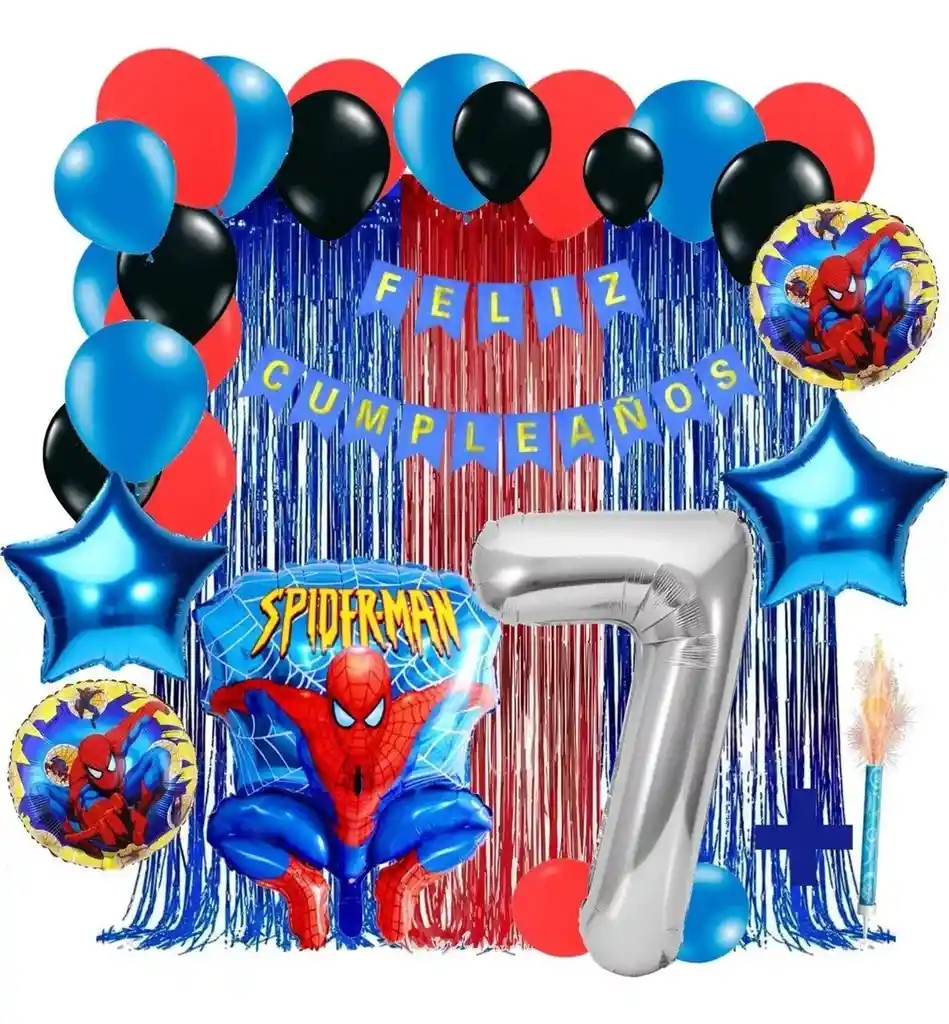 Kit Decoración Spiderman Rojo Azul Cortina Feliz Cumpleaños # 7