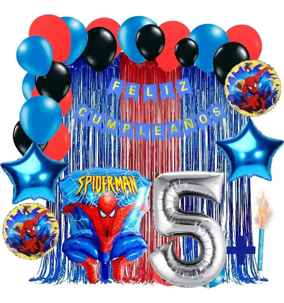 Kit Decoración Spiderman Rojo Azul Cortina Feliz Cumpleaños # 5