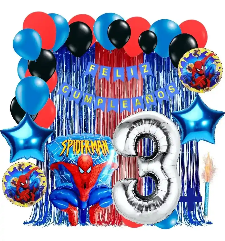 Kit Decoración Spiderman Rojo Azul Cortina Feliz Cumpleaños # 3