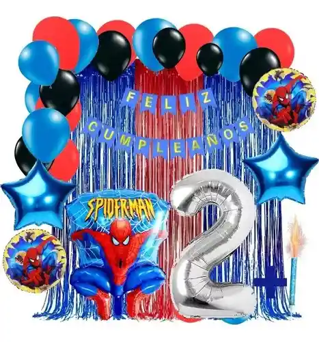 Kit Decoración Spiderman Rojo Azul Cortina Feliz Cumpleaños # 2