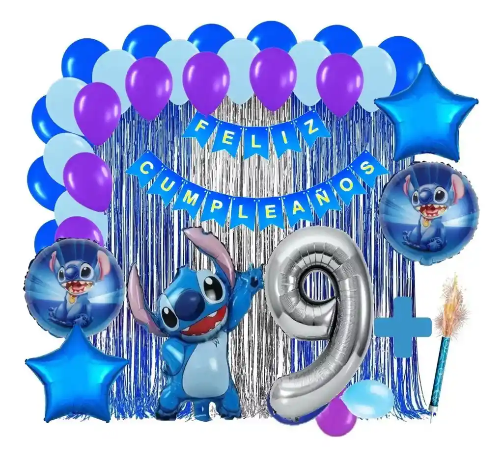 Kit Decoracion Lilo Y Stitch Azul Plateado Cortina Numero # 9