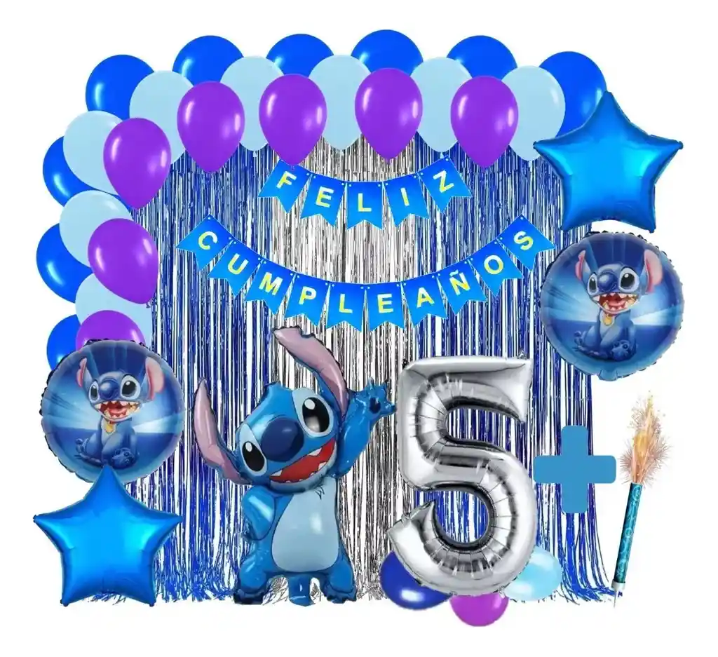 Kit Decoracion Lilo Y Stitch Azul Plateado Cortina Numero # 5