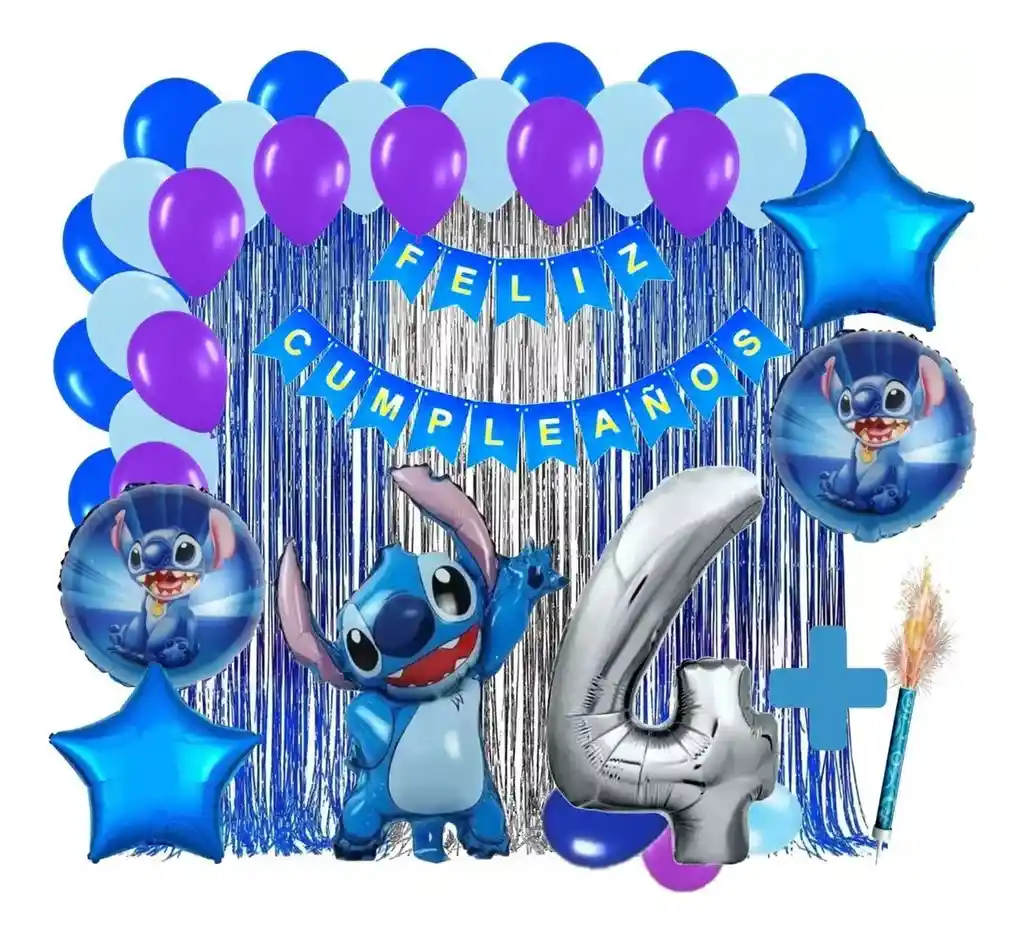 Kit Decoracion Lilo Y Stitch Azul Plateado Cortina Numero # 4