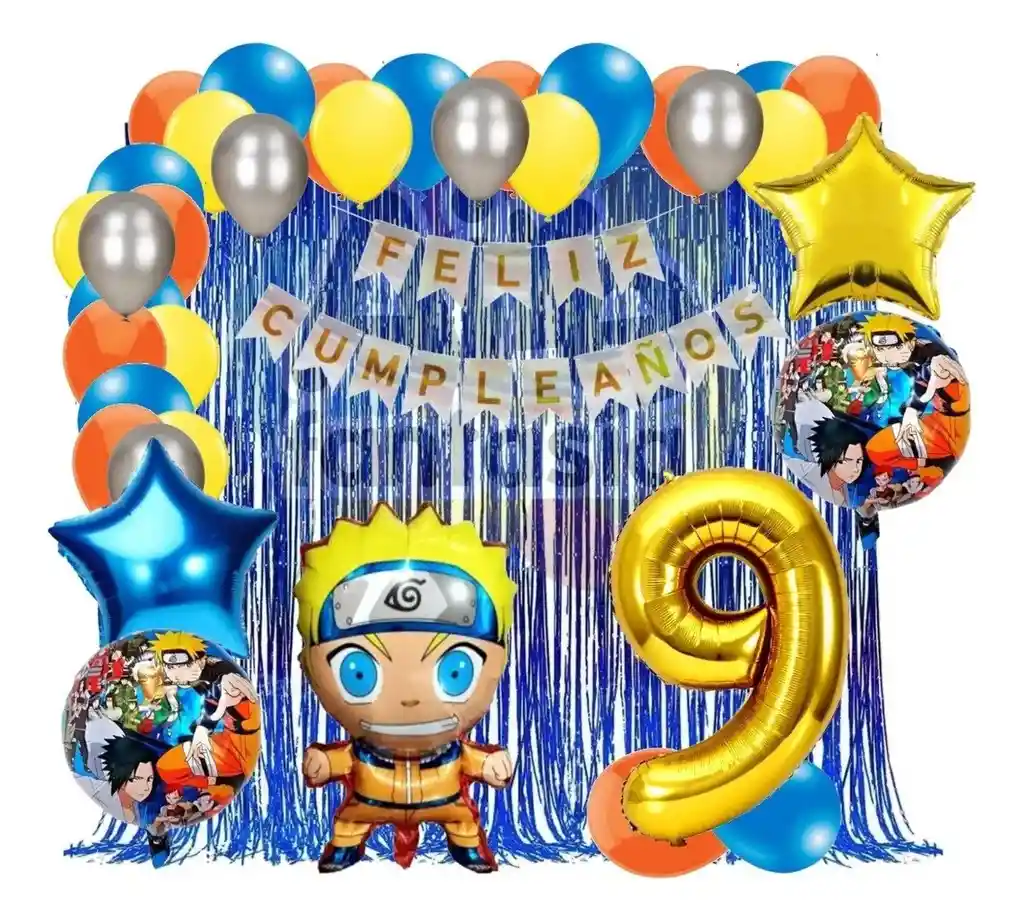 Kit Decoracion Globos Naruto Azul Cortina Numero Cumpleaños # 9