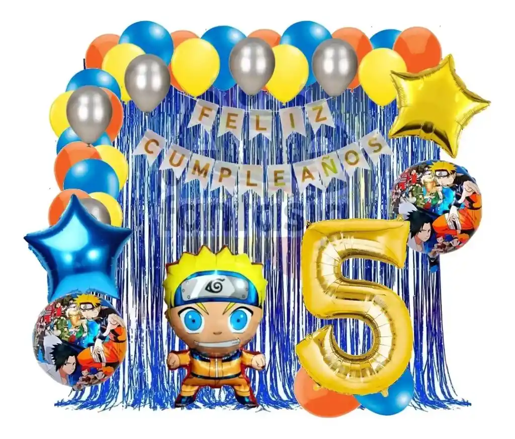 Kit Decoracion Globos Naruto Azul Cortina Numero Cumpleaños # 5