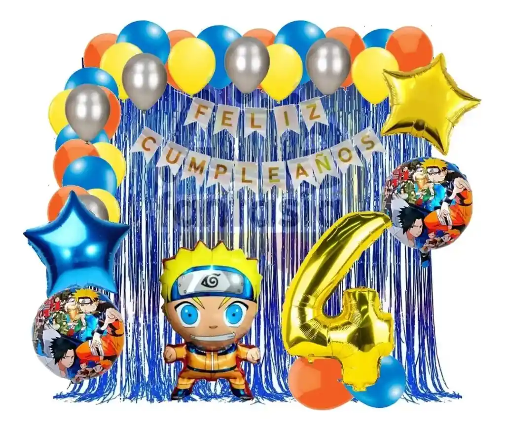 Kit Decoracion Globos Naruto Azul Cortina Numero Cumpleaños # 4