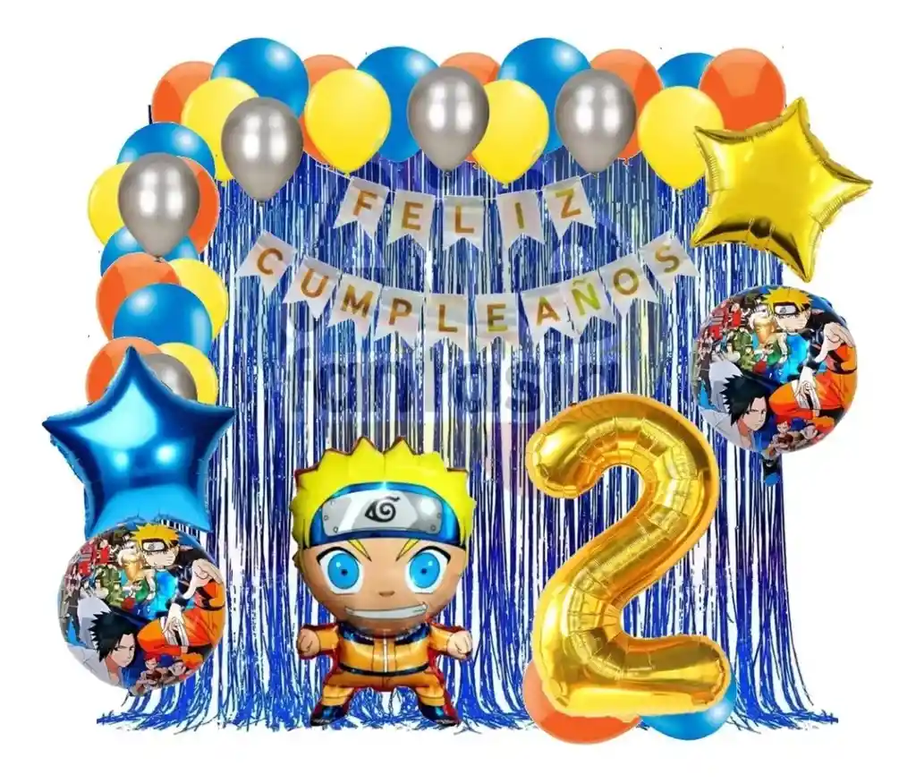 Kit Decoracion Globos Naruto Azul Cortina Numero Cumpleaños # 2