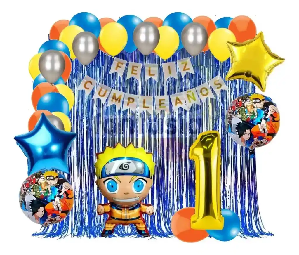 Kit Decoracion Globos Naruto Azul Cortina Numero Cumpleaños # 1