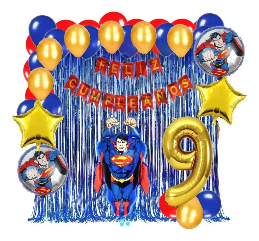 Kit Decoracion Super Man Heroes Azul Rojo Cortina Numero # 9