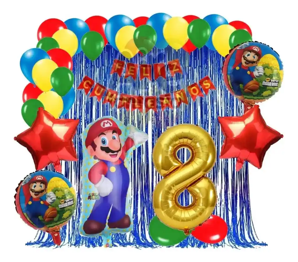 Kit Decoracion Juego Mario Bros Cumpleaños Rojo Azul Verde # 8