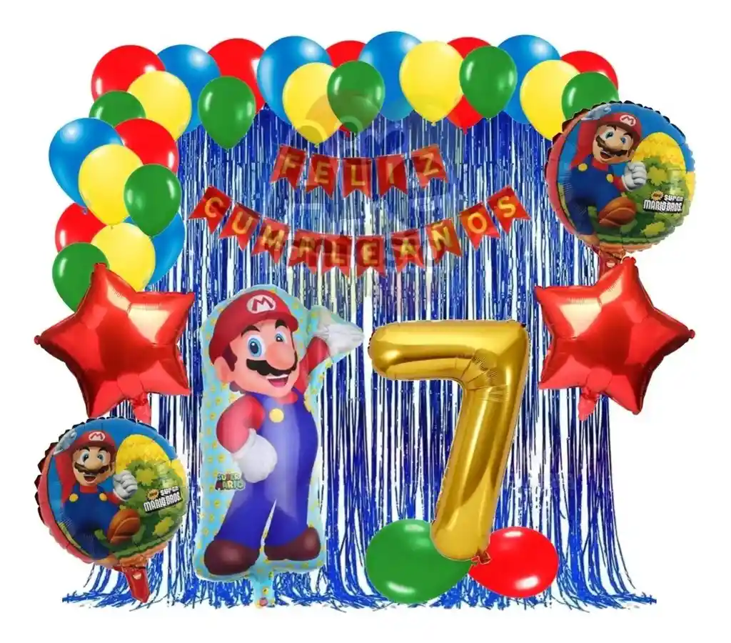 Kit Decoracion Juego Mario Bros Cumpleaños Rojo Azul Verde # 7