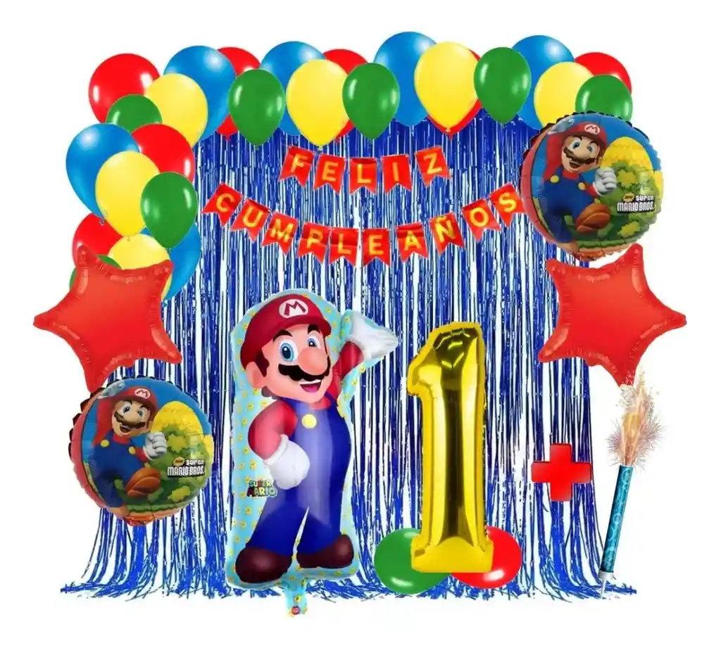 Kit Decoracion Juego Mario Bros Cumpleaños Rojo Azul Verde # 1