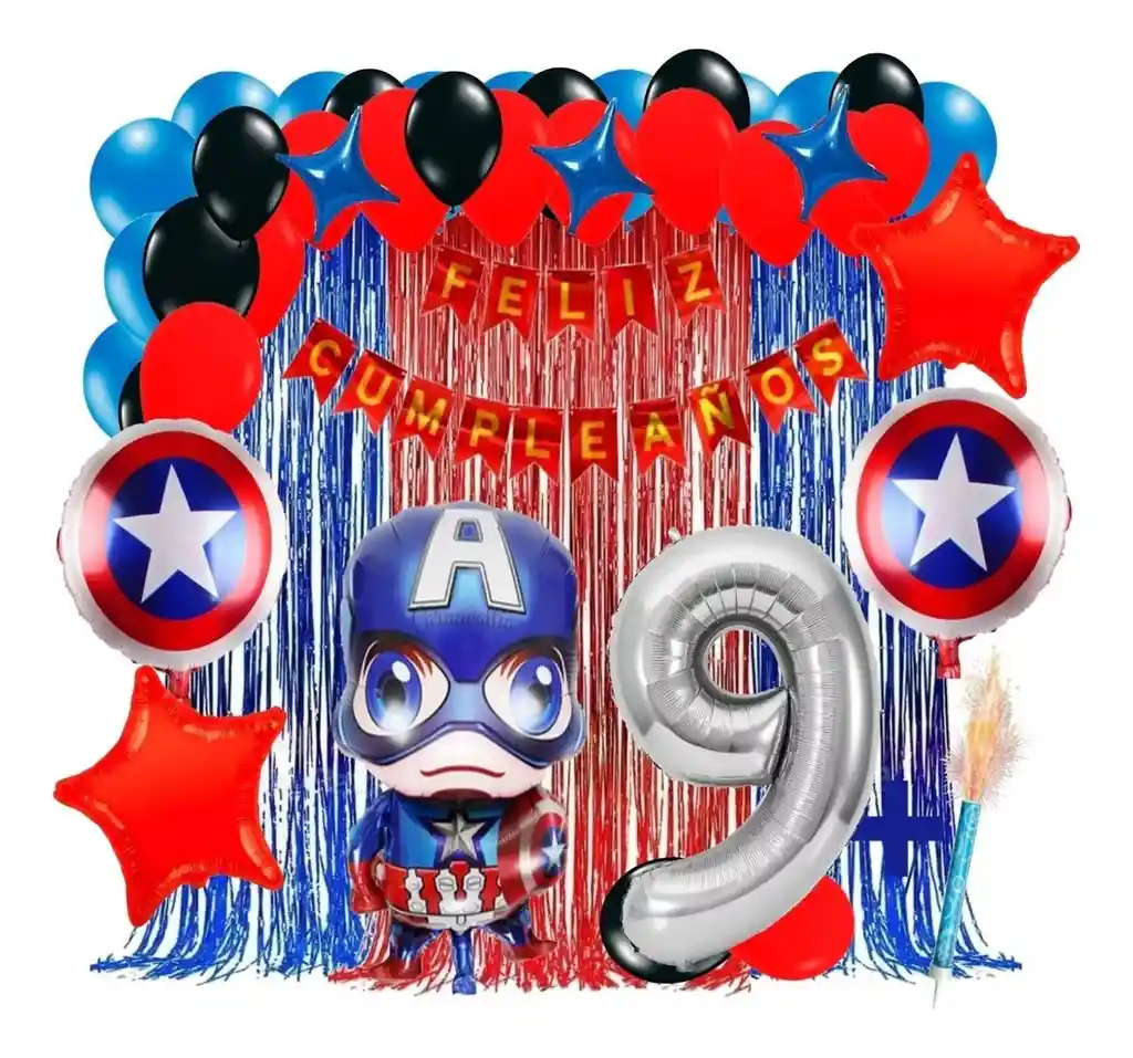 Kit Decoracion Capitan America Azul Rojo Numero Cortina # 9