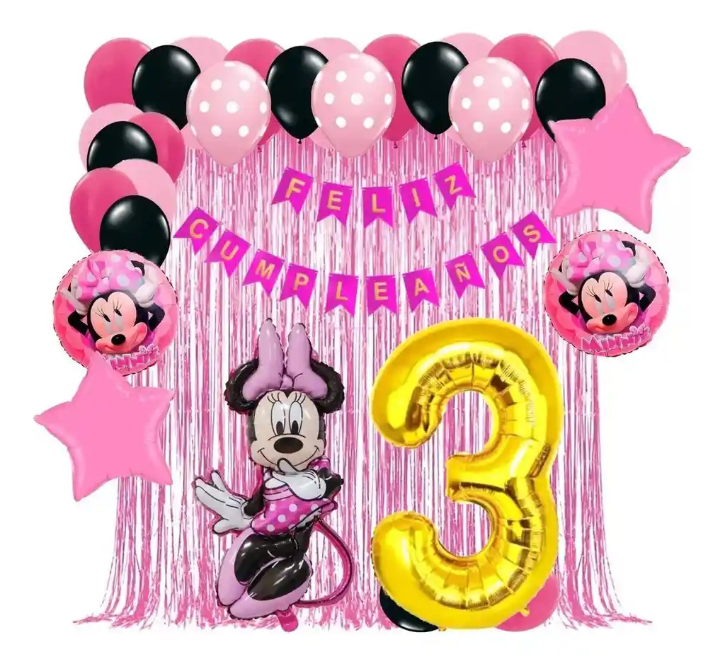 Kit Decoración Minnie Mouse Cortina Fucsia Numero Negro # 3