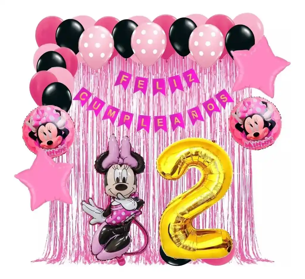 Kit Decoración Minnie Mouse Cortina Fucsia Numero Negro # 2