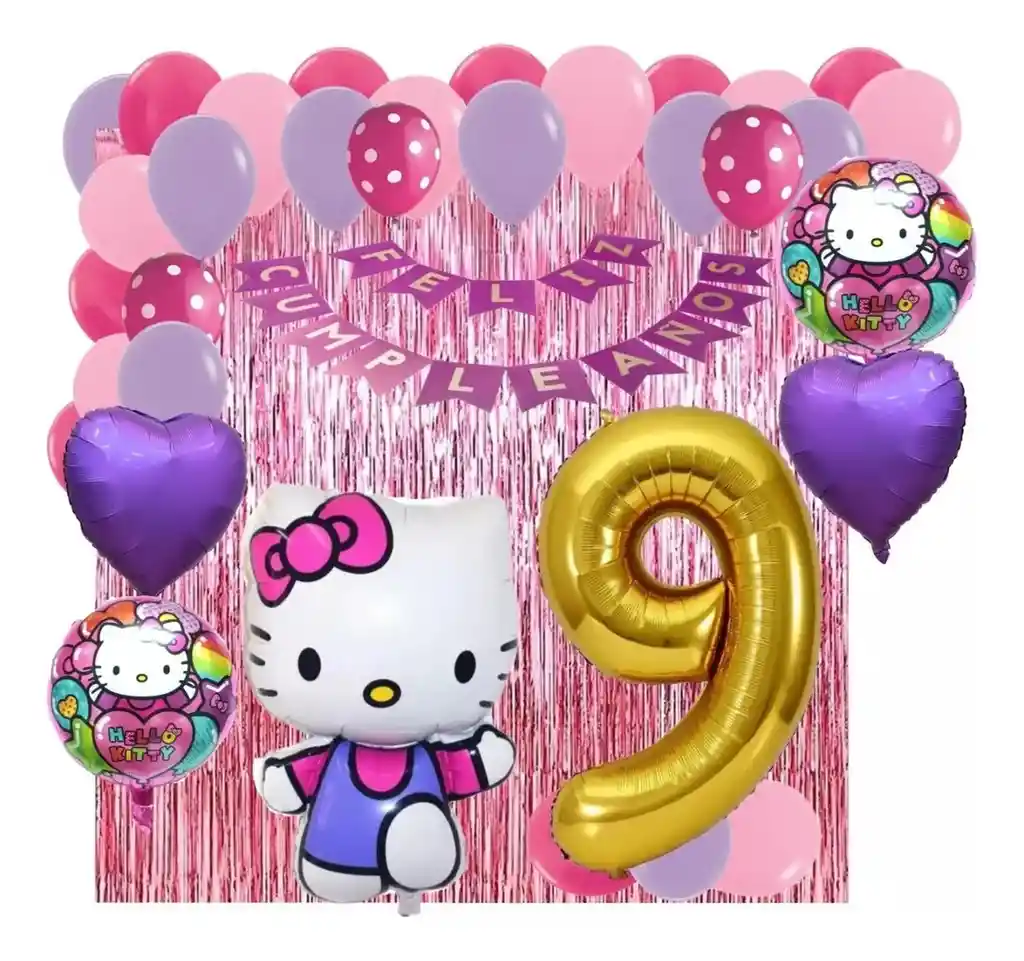 Kit Decoracion Gata Hello Kitty Fucsia Rosado Numero Cortina # 9