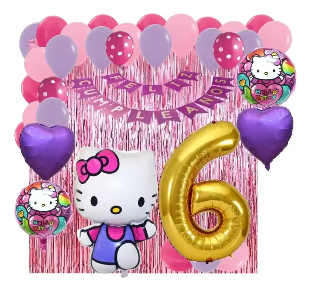 Kit Decoracion Gata Hello Kitty Fucsia Rosado Numero Cortina # 6