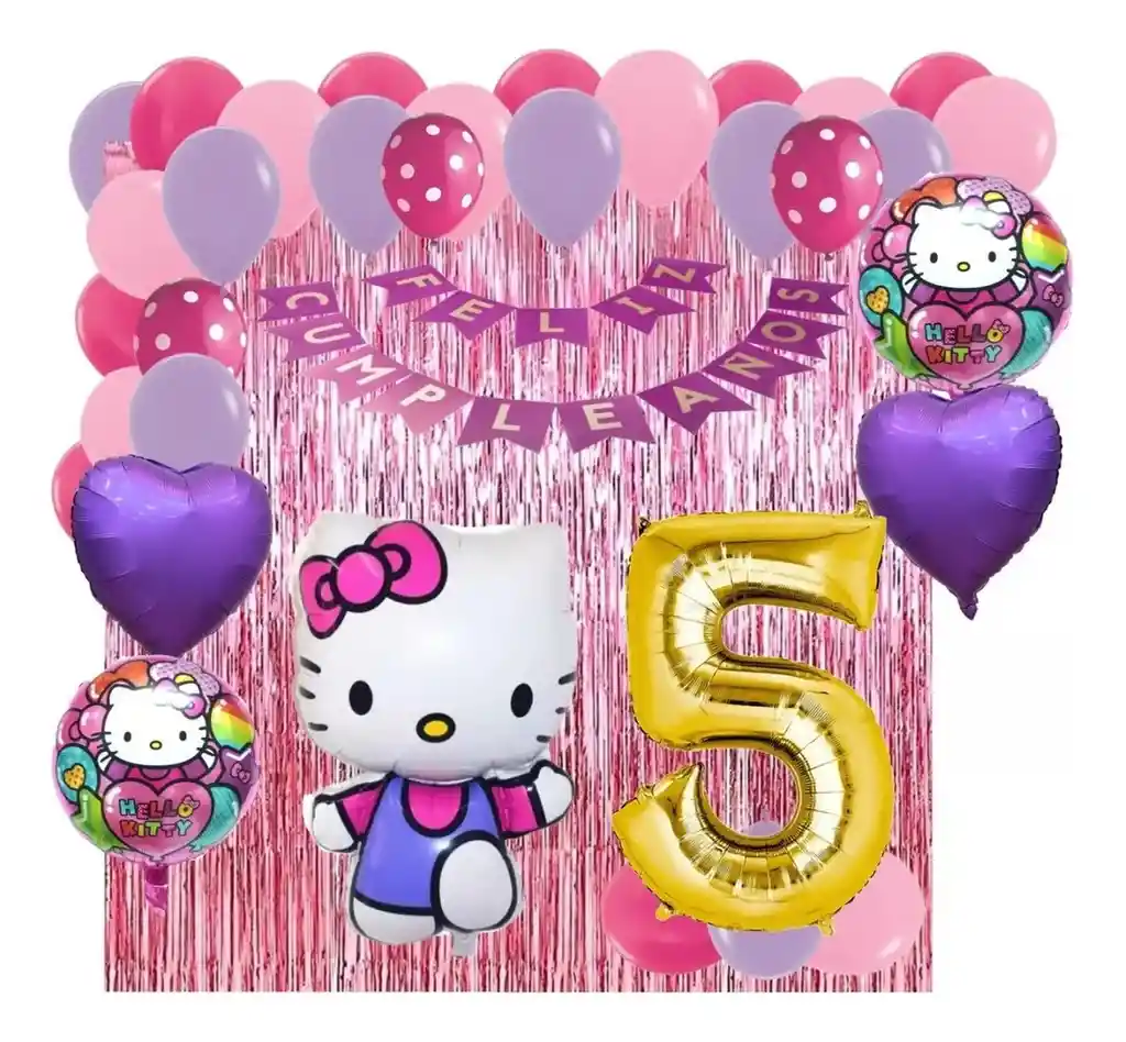 Kit Decoracion Gata Hello Kitty Fucsia Rosado Numero Cortina # 5