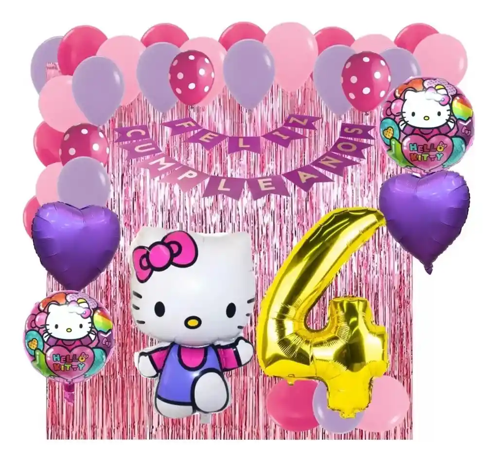 Kit Decoracion Gata Hello Kitty Fucsia Rosado Numero Cortina # 4