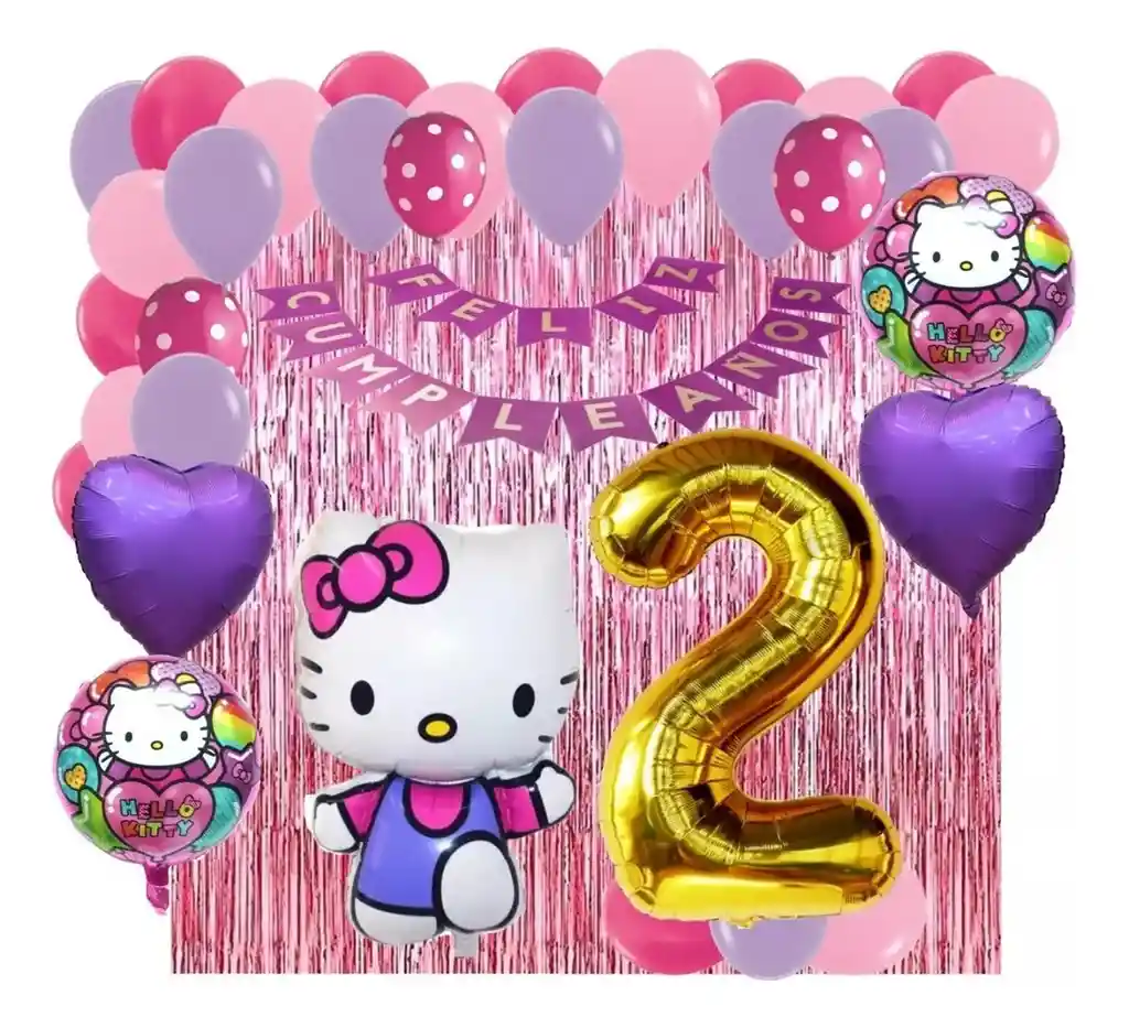 Kit Decoracion Gata Hello Kitty Fucsia Rosado Numero Cortina # 2