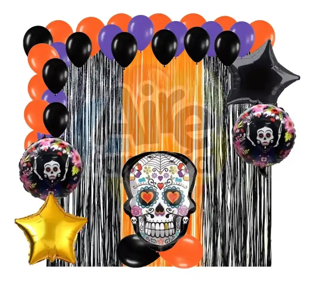 Kit Decorativo Globos Cortina Naranja La Catrina Halloween