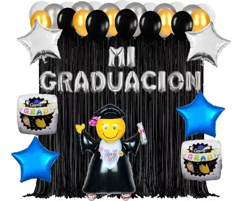 Kit Decorativo Grado Negro Plateado Azul Smiley Cortina