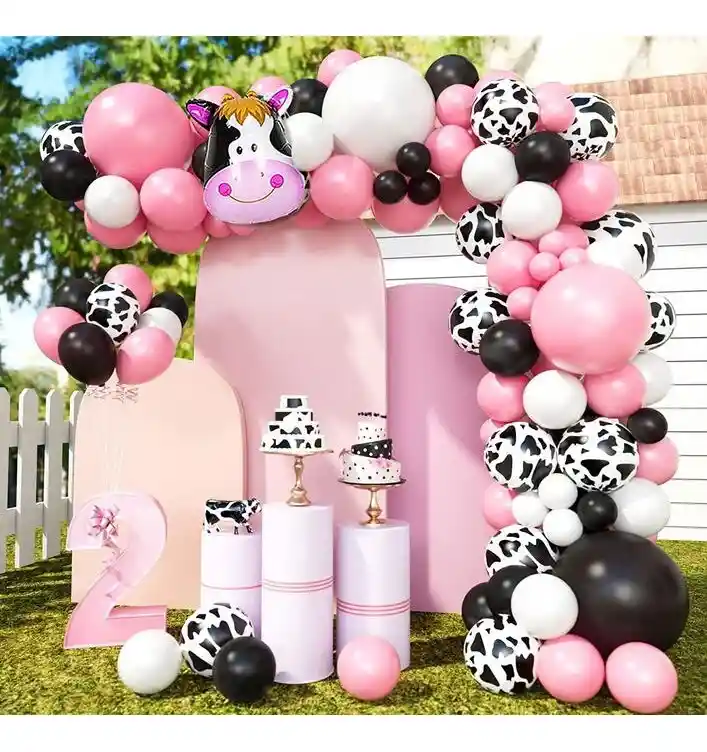 Kit Arco Globos Decoracion Vaca Granja Rosado Blanc Negro