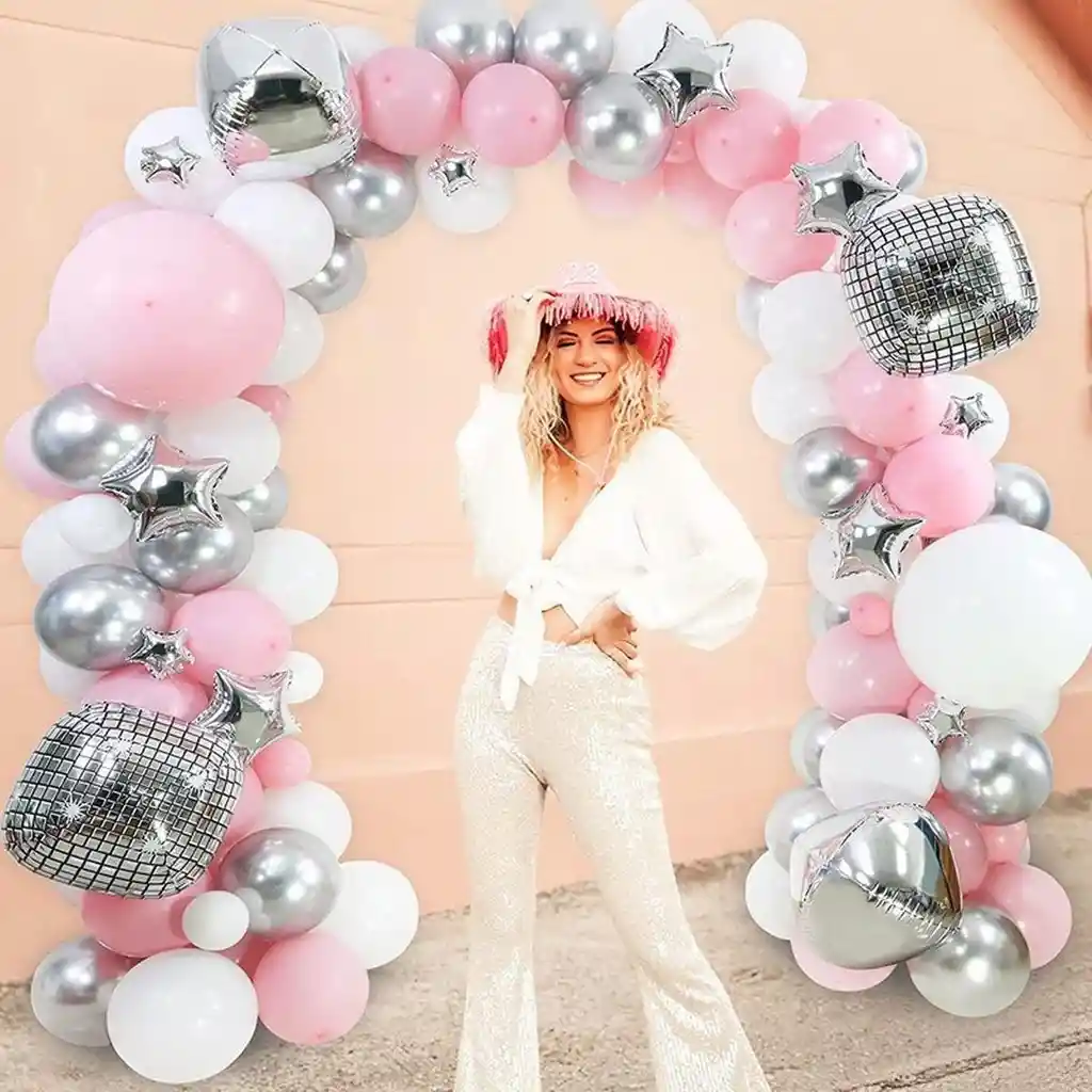 Kit Arco Globos Fiesta Disco Rosado Blanco Plateado