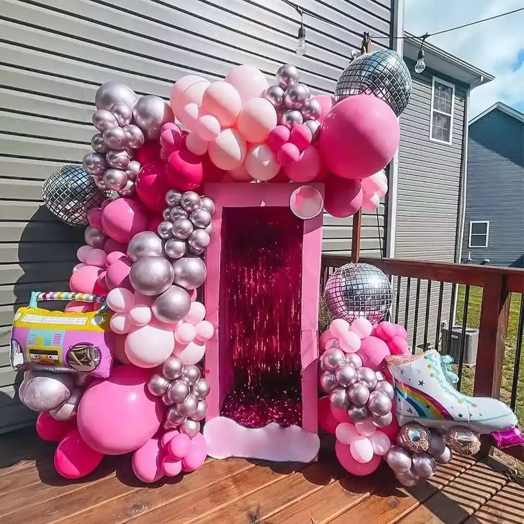 Kit Arco Globos Barbie Disco Retro Fucsia Rosado Plateado