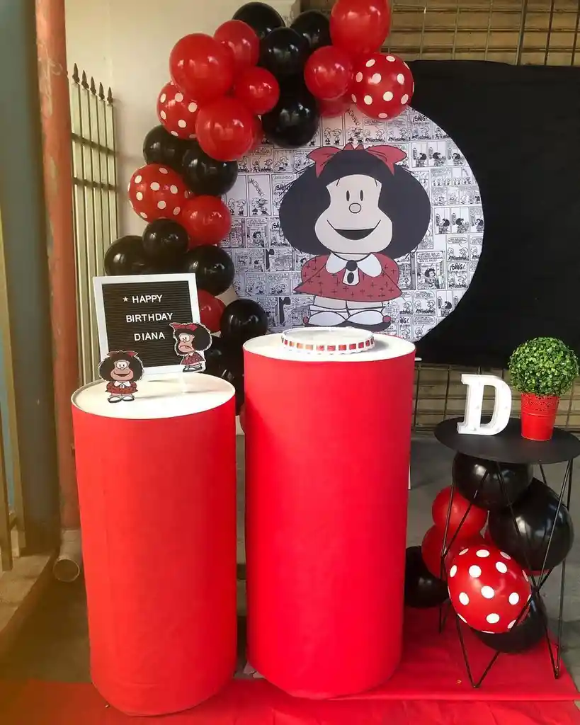 Kit Semiarco Rojo Negro Decoracion Globos Mafalda Polka