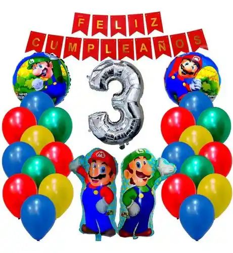 Kit Decoracion Globos Mario Cumpleaños Rojo Azul Video Juego