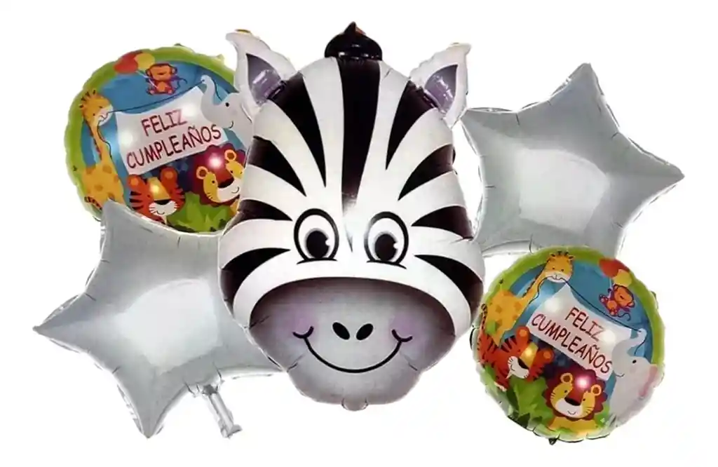 Bouquet Kit De Globos Zebra Selva Plateado Feliz Cumpleaños