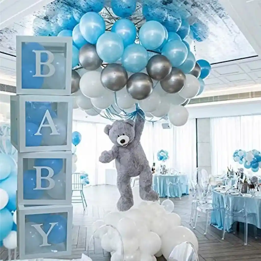 Arco Globos Baby Shower Azul Plateado Oso + Caja Mobiliario