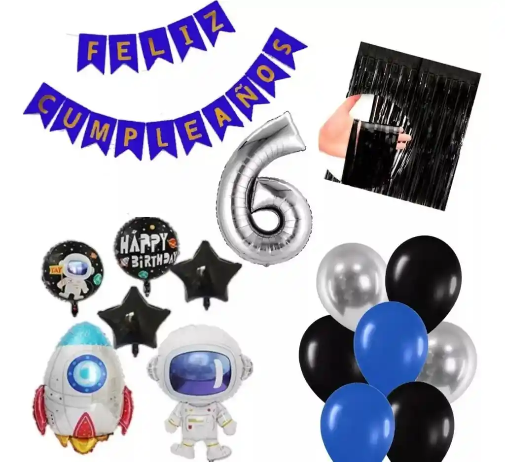 Kit Globos Cohete Astronauta Azul Plateado Negro Cortina # 6