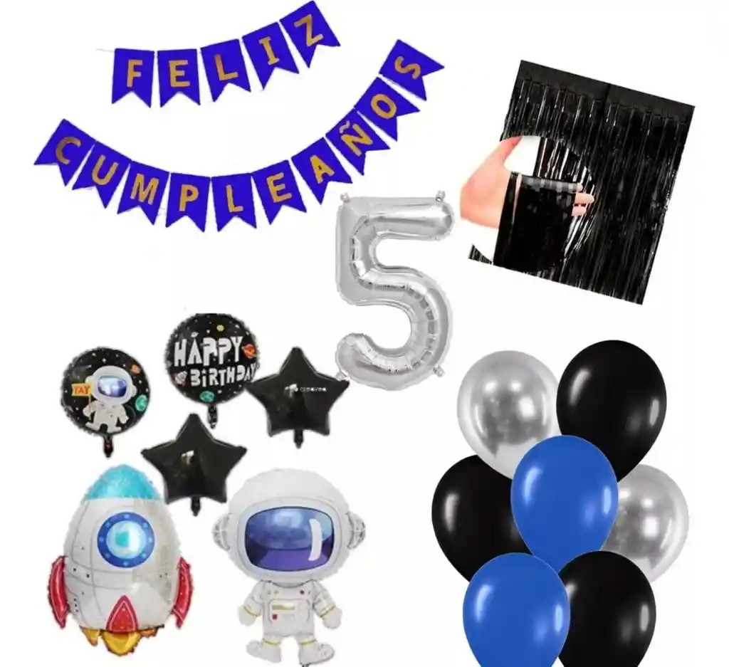 Kit Globos Cohete Astronauta Azul Plateado Negro Cortina # 5