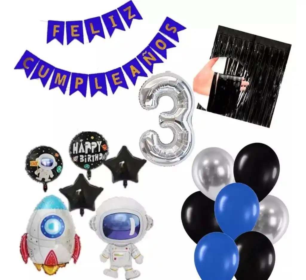 Kit Globos Cohete Astronauta Azul Plateado Negro Cortina # 3