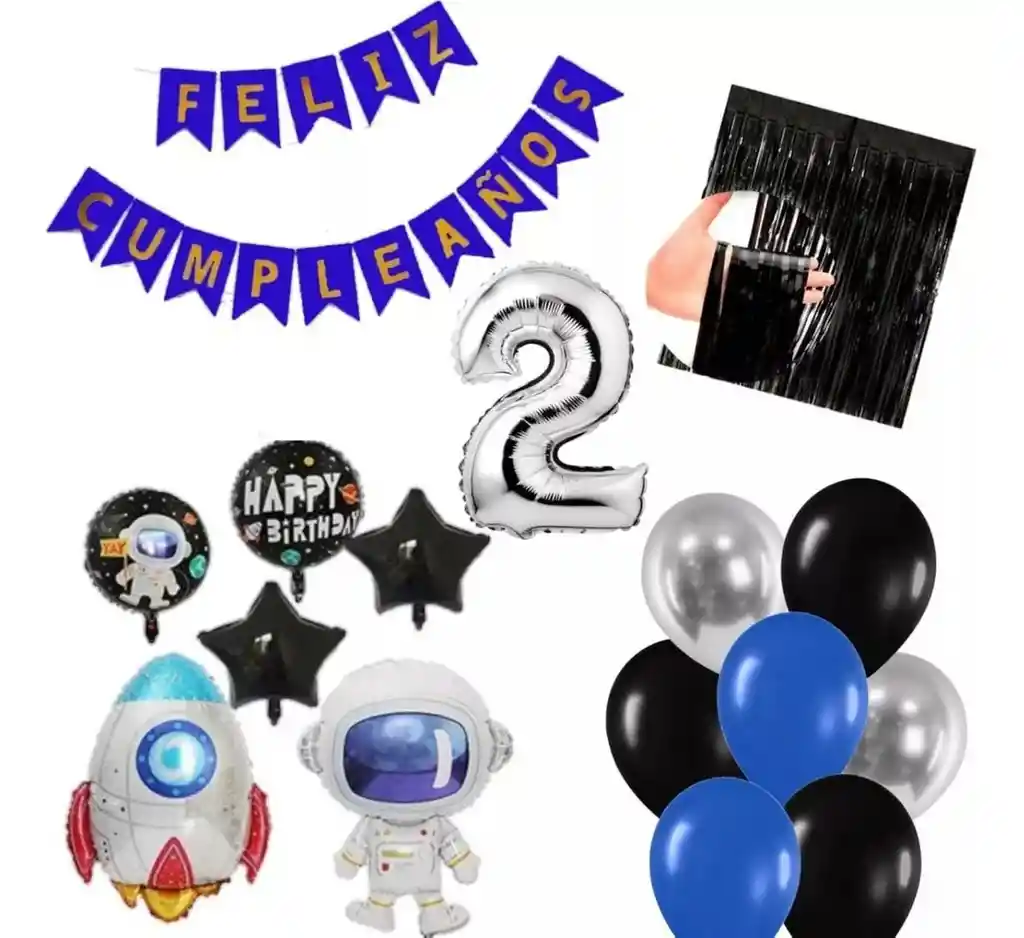 Kit Globos Cohete Astronauta Azul Plateado Negro Cortina # 2